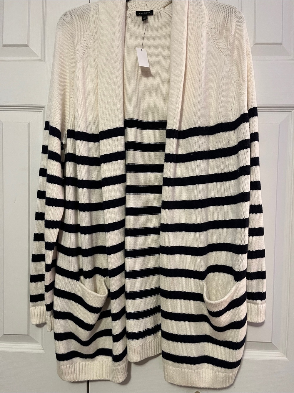 Talbots Ivory and Black Striped Open-Front Cardigan